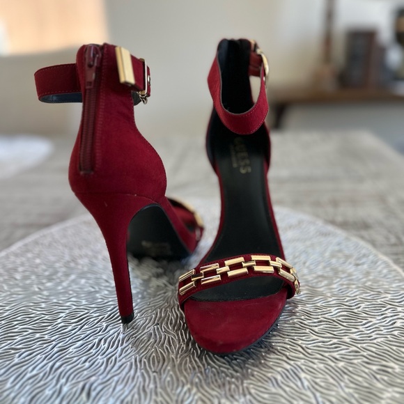 Suede Red/ Gold Ankle Strap Heels - Picture 4 of 6